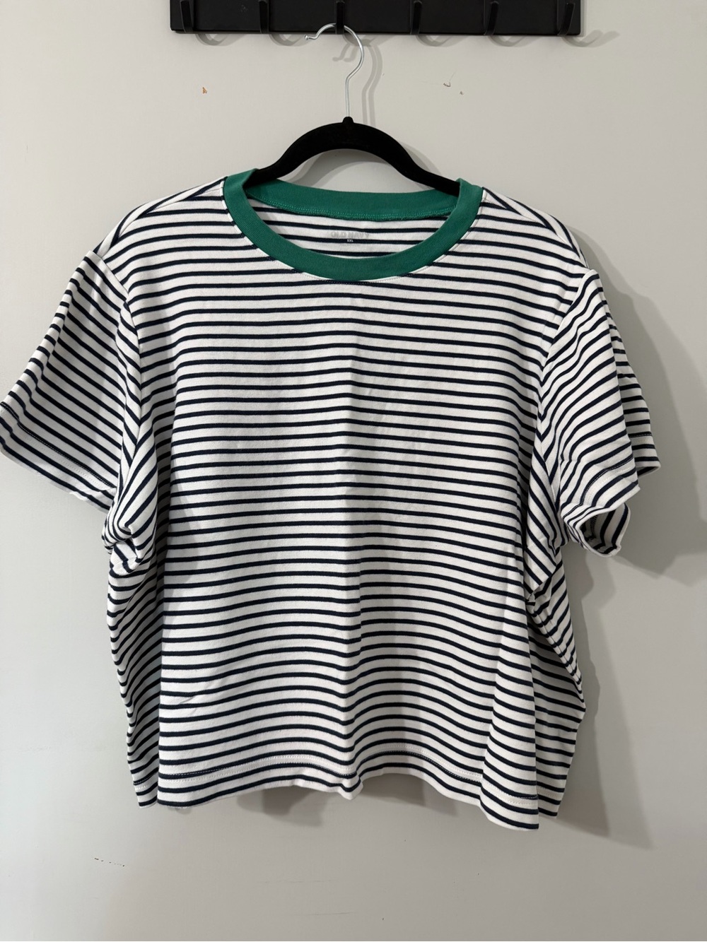 Old Navy White and Black Striped Short-Sleeve Tee with Green Collar